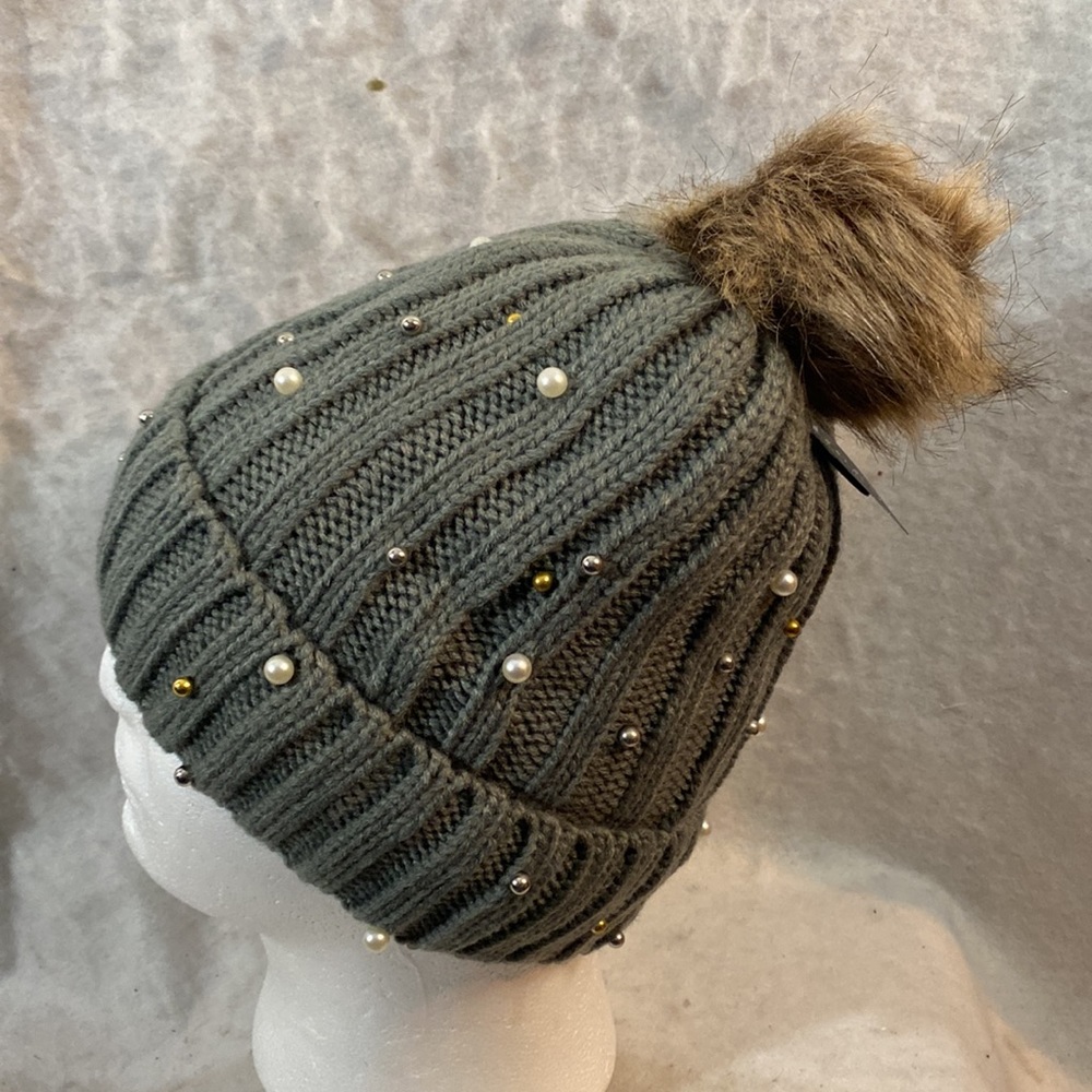 Warm And Snug Gray Knit Pearl And Beaded Beanie